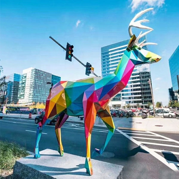 Shopping Mall Street Large Colorful Geometric Fiberglass Xmas Deer Sculpture Decoration1